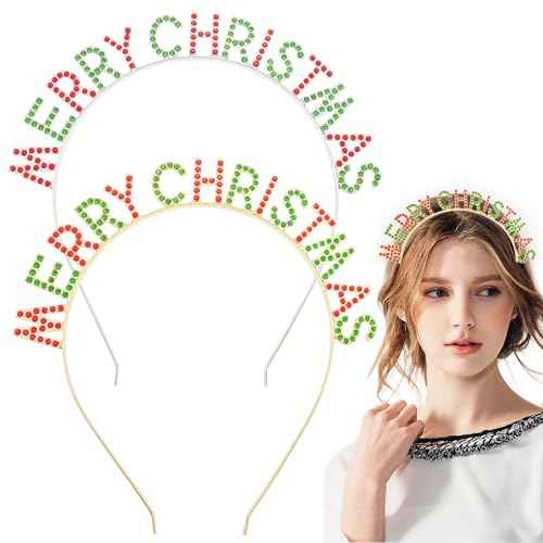 2 PACK Merry Christmas Rhinestone Crystal Hair Hoops Crown Headbands for Party Dress Up