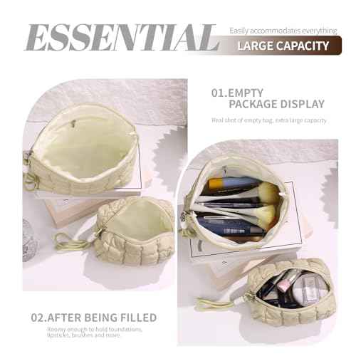 Richeart Makeup Bag Travel Toiletry Bag - Checkered Down Cotton Makeup Pouch for Women with Cosmetic and Pencil, Aesthetic Khaki Design, 2 Pieces