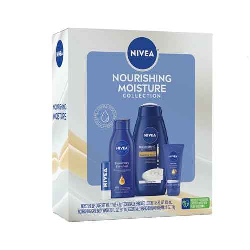 NIVEA Skin Care Set For Her, Nourishing Body Wash, Moisturizing Body Lotion, Lip Balm Stick with Shea Butter, & Hand Cream, 4 Piece Gift Set