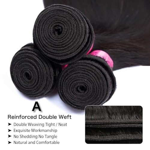 12A Straight Bundles Human Hair,Double Weft for Women 100% Unprocessed Brazilian Virgin Hair Extensions Natural Black 16 18 20 Inch 3 Bundles