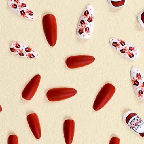 Christmas Press on Nails Medium Almond Red Fake Nails with Santa Claus Glue on Nails Xmas Gift Reusable Artificial Acrylic Full Cover Stick on False Nails for Women Manicure 24pcs