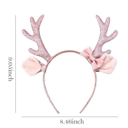 Christmas Headband Reindeer Antlers Headbands for Women Glitter Deer Ears Hair Bands Furry Deer Horn Cute Pink Bow Hair Band Sequin Pink Elk Horn Headwear Xmas Christmas Party Hair Accessories 1Pcs