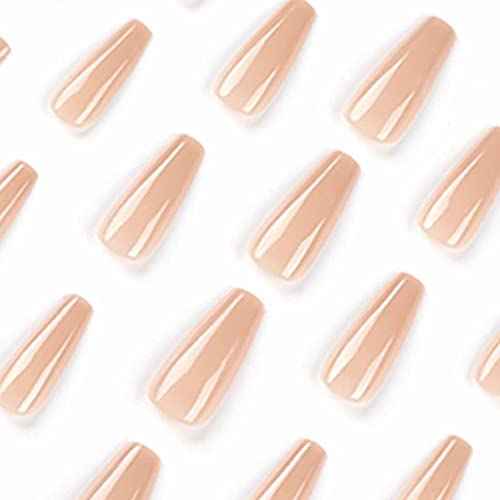 Coffin Press on Nails Nude Long Acrylic Artificial Nails Simple Glossy Fake / False Nails with Glossy Ballerina Nails for Women and Girls,24Pcs