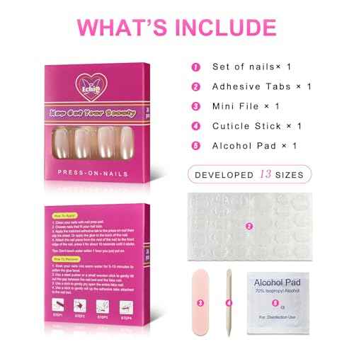 EchiQ Pearl Shine Glossy Fake Nails Shimmer White Square French Nail Ombre Faux Ongles Gradient Medium Fingernails with Gluetabs