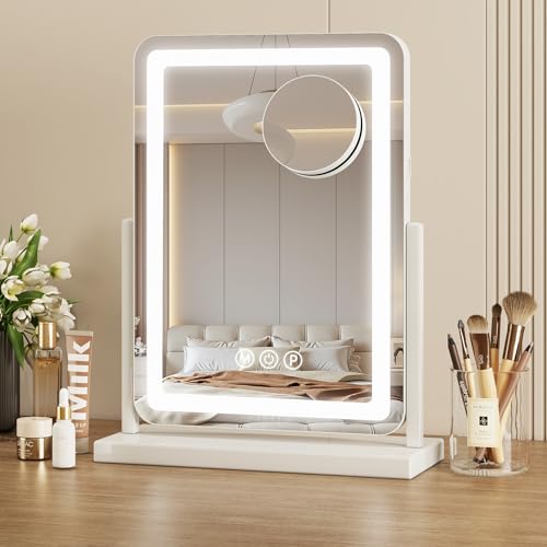 Suidia Vanity Mirror with Lights, 18"¡¿14" LED Makeup Mirror with Light, Smart Touch with 3-Color Lighting, 360¡ÆRatation for Vanity Desk Tabletop,White,Lamp Belt Style