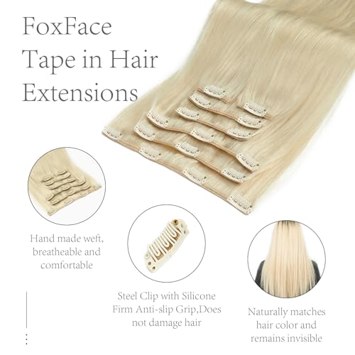 FoxFace Clip in Hair Extensions Real Human Hair, Thick Extensions from Root to Tip, Natural Hair Clip Ins, Platinum Blonde, 18 Inch 120g 7Pcs