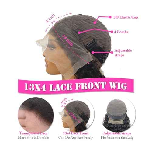 Deep Wave Lace Front Wigs Human Hair Pre Plucked 180 Density 13x4 HD Transparent Lace Frontal Wigs for Black Women Deep Curly Human Hair Lace Front Wigs (28 Inch)