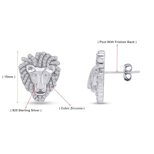 Lion Head Stud Earrings for Men in 14K Gold Plated 925 Sterling Silver with White Cubic Zirconia or Moissanite ? Animal Face Men¡¯s Jewelry Gift for Him, Push-Back