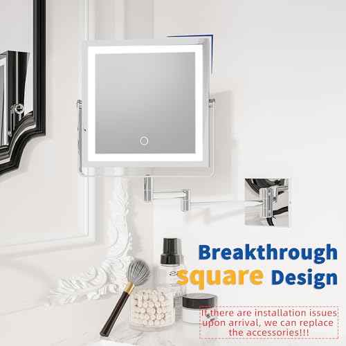 Ruacq Rechargeable Wall Mounted Makeup Mirror with Lights, Double Sided 1X/7X Magnifying Vanity Mirror with 3 Color Lighting, Touch Screen Dimmable, 360¡Æ Rotation Extension Foldable Arm(Chrome)
