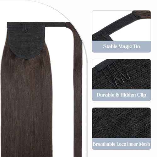 Rich Choices Ponytail Extension 100% Real Human Hair Wrap Around Remy Ponytail Extension for Women One Piece Clip In Long Pony tail Extensions Straight 18 Inch #2 Dark Brown
