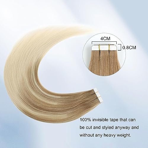 Sixstarhair Blonde Balayage Tape In Hair Extensions Seamless Skin Weft Invisible Double Sided Tape Glue In Hair for Women,Brown Fading to Ash Blonde [Color B8-60#-20 inch]