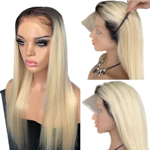 Munx Blonde Wear and Go Glueless Wig Human Hair 13x4 HD Lace Front Wigs for Women 180% Density Pre Plucked with Baby Hair Colored Straight Ombre Blonde 1b613 Lace Wigs 16 Inch