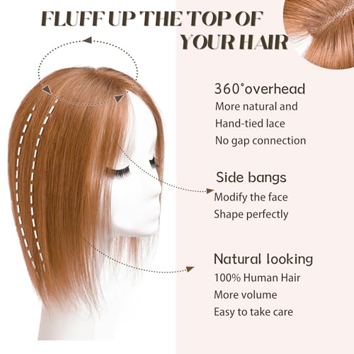 viviaBella Human Hair Hand-tied Swiss Lace BaseToppers Natural Looking no Bangs, Clip in Real Human Hair Toupee for Women with Thinning Hair Big Coverage 12inch hairpieces(Copper Red, 5"X4.5")