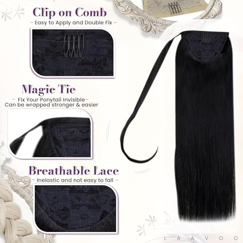 LaaVoo Ponytail Extension Human Hair Black Ponytail Extensions for Black Women Wrap Around 20 Inch 80g