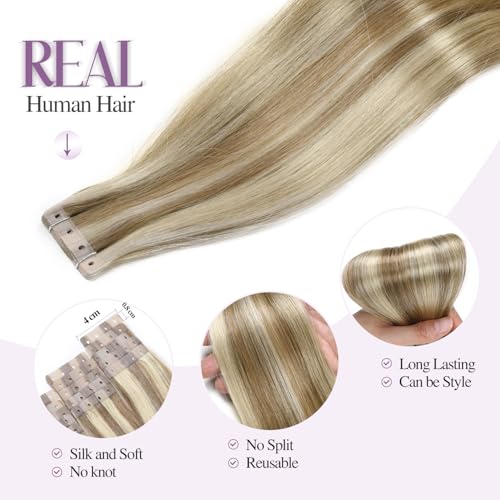 Glueless Human Hair Extensions - Highlighted Brown and Blonde Tape in With Holes - Invisible Seamless Skin Weft for Women (50g 20Pcs, 20 Inch)