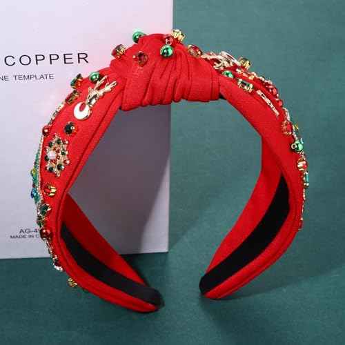 Jeweled Plaid Embellished Crystal Pearl Knotted Wide Top Knot Headband for Women - Holiday Hair Accessory Gift (Big Xmas Tree 4)