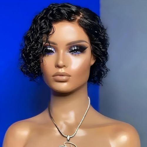 Short Curly Lace Front Wig for Black Women Human Hair Bob Wig Pre Plucked 13x4 Lace Wig Wavy Pixie Cut Wig 1B Color 150% Density