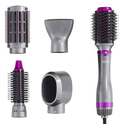 VEVOR Hair Air Styler and Dryer Brush, 5-in-1 Multi Hair Styler with 3 Brushes & 2 Nozzles, Ionic Blow Dryer Brush, Reduced Heat Damage, High-Speed Styling Tool for Volumizing Straightening Curling