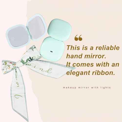 Makeup Mirror with Lights - Dual-Sided Green LED Pocket Mirror, 1X/5X Magnifying Travel Mirror, 3 Light Modes, Rechargeable Handheld Mirror for On-The-Go Makeup, Grooming, and Gifts