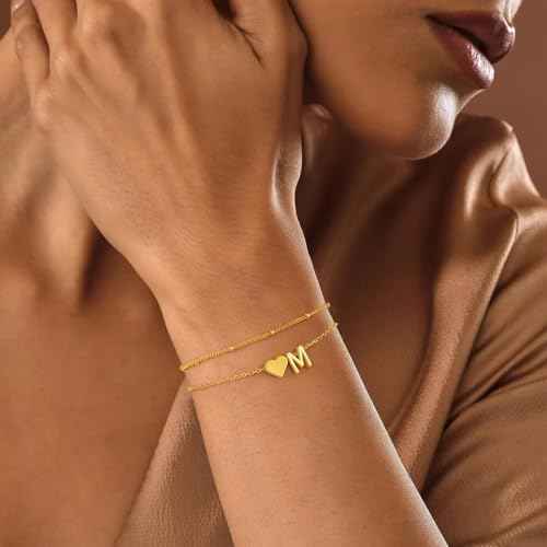 M MOOHAM Initial Heart Bracelets for Women - Layered Dainty 14K-Gold-Plated Heart Letter A-Z Charm Bracelets for Women, Chain Link Charm Bracelets Beaded Bracelets Birthday Gifts Womens Jewelry