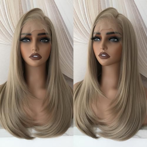 Ash Brown Layered Wig Pre Plucked Synthetic 13x6 Glueless Straight Lace Front Wig for Beginner Wear and Go 5D Arched Mesh Cap Natural Looking Wigs for Women 22 Inch Natural Density