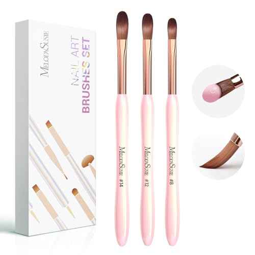 MelodySusie 3Pcs Acrylic Nail Brush Set, Size 8/12/14 for Extension and 3D Carving,DIY Home Salon Manicure Tool, Pink