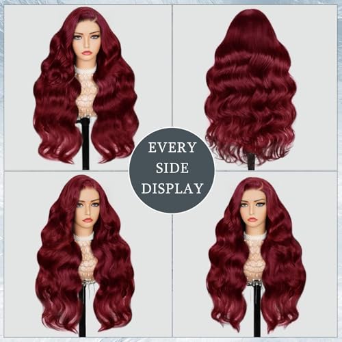 LuAiJa 9x6 Wine Red Body Wave Glueless Wigs Human Hair Dark Burgundy Wear and Go Glueless Wig 99J HD Lace Front Human Hair WIg 28 Inch Red Wigs Pre Everything 200% Density for Women