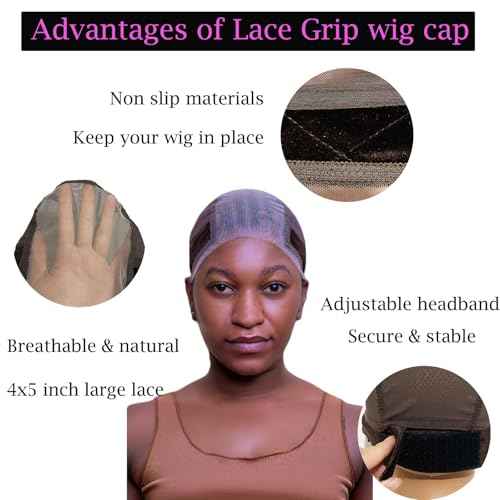 Lace Wig Grip Cap for Glueless Wig 4x5 Transparent Lace Reusable Wig Caps, Wig Grip Band for Lace Front Wigs to Keep Wigs in Place, Adjustable Wig Cap with Grip Band Non Slip Cap for Women (Brown)
