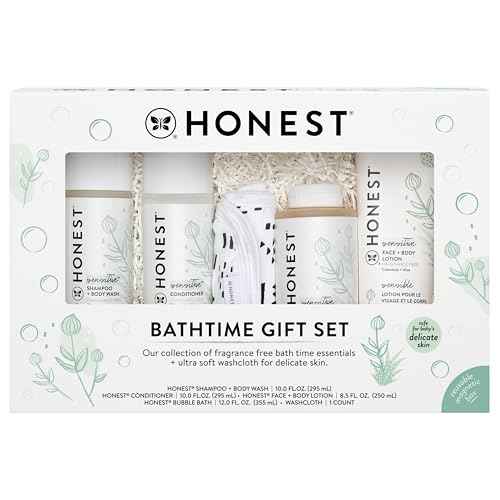 The Honest Company Fragrance Free Bathtime Gift Set | Hypoallergenic Bath Essentials for Sensitive Skin | Shampoo + Body Wash, Face + Body Lotion, Bubble Bath, Conditioner, Wash Cloth