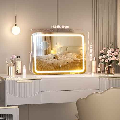 Hasipu Vanity Mirror with Lights, 16" x 12" LED Makeup Mirror, 3 Modes Light, Smart Touch Control Dimmable, 360¡ÆRotation, Rectangle White Frame, with 5X Magnifying Glass
