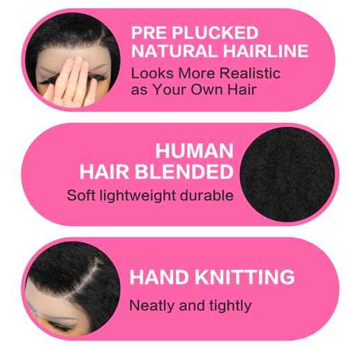Afro Kinky Curly Wig 13x4 Lace Front Wigs 180% Density Human Hair Blended Kinky Curly Lace Frontal Wigs for Black Women 18 Inch Natural Black