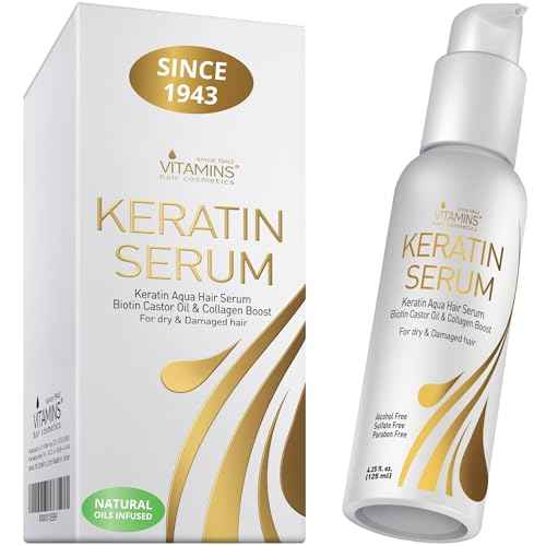 VITAMINS hair cosmetics Keratin Hair Serum for Frizzy and Damaged Hair - Anti Frizz Serum with Biotin, Castor Oil & Collagen for Heat Protection, Shine and Gloss Treatment - 4.25 Fl Oz