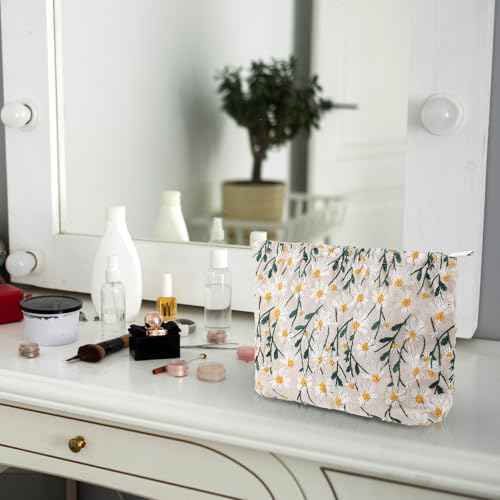 Cosmetic Bags Embroidery Daisy Flower Makeup Bag Large Travel Canvas Make Up Organizer Tool Pouch Cute Floral Cosmetic Bag Portable Purse Zipper Storage Toiletry Essential Pouch for Women Girls Gifts