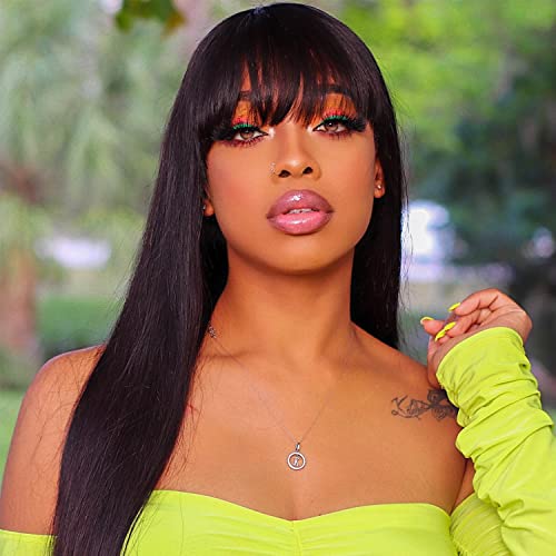 hair Mechine Made wig human hair natural black body wave 150% density with Pre Plucked Hairline with baby hair grade 10A hair wig (20, Straight wig with Bang)