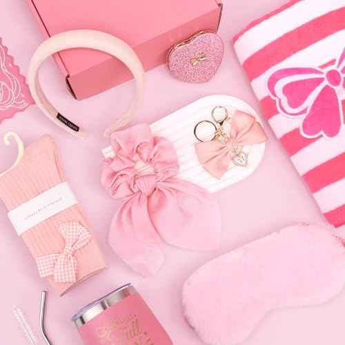 Birthday Gifts for Women Friendship Unique - Pink Bow Birthday Gifts for Teen Girls - Self Care Get Well Soon Presents Basket for Mom Sister Friend Bestie Wife Her Girlfriend Coworkers