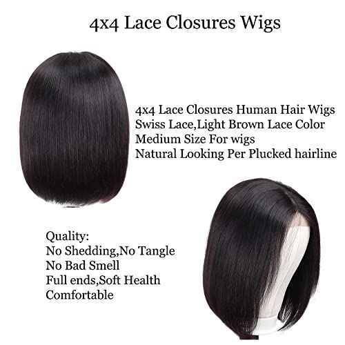 CHUDI 4x4 Bob Lace Front Wigs Straight Human Hair 180% Density Glueless Bob Lace Closure Wigs for Women Middle Part Wigs Unprocessed Brazilian Virgin Human Hair 8 inch