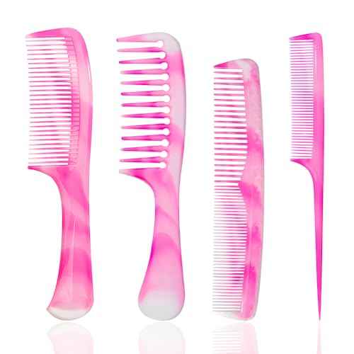 Pink Hair Comb Set - Wide Tooth, Fine Tooth, Rat Tail, and Dual Comb for Women and Men