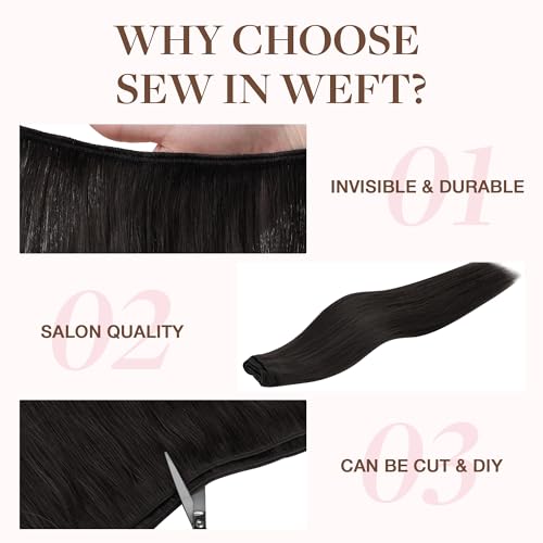 GOO GOO Sew in Hair Extensions Real Human Hair, Weft Hair Extensions Human Hair, 1B Natural black 20inch 105g, Weft Bundles Straight Silky Remy Hair
