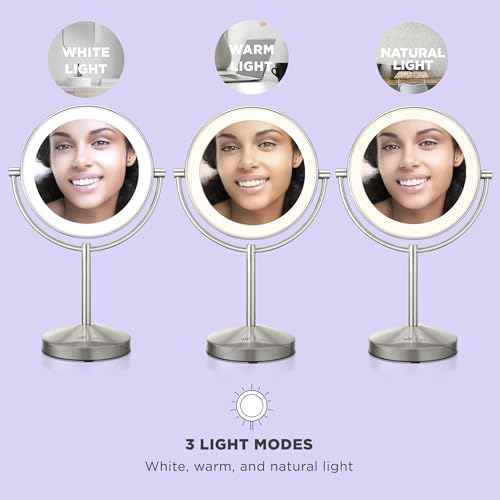 Conair Lighted Makeup Mirror, Double-Sided LED Vanity Mirror with 1X/10X Magnification, 3 Light Settings, 3 Modes, 360¡Æ Rotation, Satin Nickel Finish