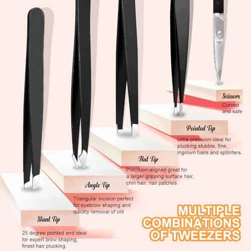 Yougai Tweezers and Nail Clippers Set,9 Pcs Professional Stainless Steel Tweezers Kit-Great Precision Tweezers with Curved Scissors and Eyebrow Razor for Daily Beauty Tools with Leather Travel Case