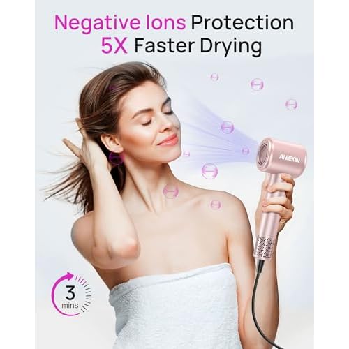 Hair Dryer, High-Speed Ionic Low Noise Blow Dryer with Brushless Motor for Fast Drying, Thermo-Control Quiet Compact Hair Blow Dryer with Magnetic Diffuser for Curly Hair for Home Travel Salon