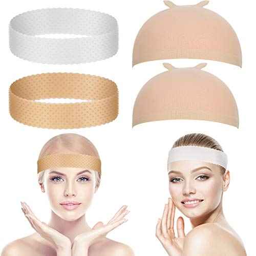 WILLBOND 4 Pieces Nylon Wig Caps and Silicone Wig Grip Band for Lace Front Set for Women Human Hair Seamless Non-slip Headband Stretchy Adjustable for White Women (White and Light Brown, Skin Color)