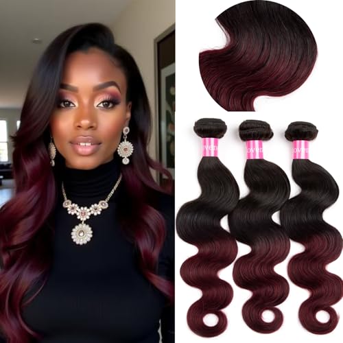 Ombre Brazilian Virgin Hair Body Wave Human Hair Bundles 12+14+16 inch 3 Bundles 100% Virgin Hair Bundles 2 Tone Black to Burgundy Human Hair Weave(12 14 16, T99J#)