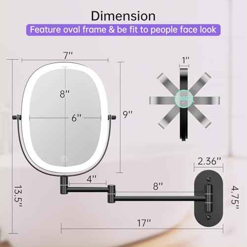 FUNTOUCH Rechargeable Wall Mounted Lighted Makeup Vanity Mirror, Double Sided 1X/7X Magnification, 3 Dimmable Light Settings, Extension Arm, Oval Frame, Ideal for Makeup