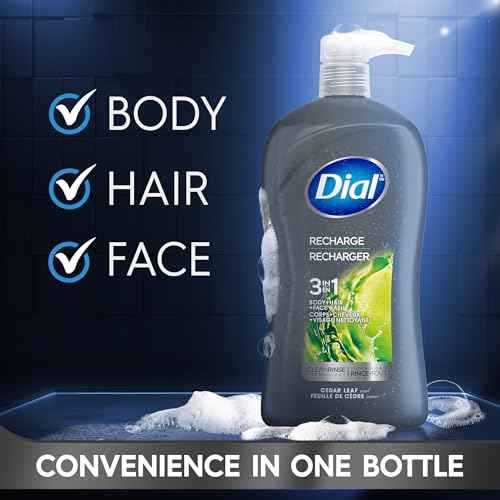 Dial Men 3 in 1 Body, Hair and Face Wash, Recharge, 32 Fl Oz, Cedar Leaf Scent, Cleanses Deep + Gentle on Skin with Clean Rinse Technology