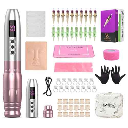EZ Tattoo Kit - Tattoo Machine Kit Complete with 6 Strokes 2.0mm-3.3mm Permanent Makeup Tattoo Machine Pen with Extra 1000mAh Battery Power for Tattoo Women Artists (LOLA AIR PRO Pink)