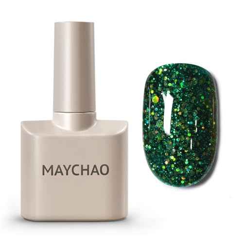 MAYCHAO 15ML Christmas Green Glitter Gel Nail Polish 1Pc Green Glitter Gel Polish Soak Off UV LED Nail Polish Nail Art Starter Manicure Salon DIY at Home, 0.5 OZ