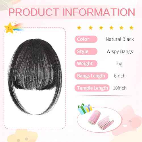 Clip in Bangs 100% Real Human Hair, Wispy Bangs Hair Clip, Fake Bang Fringe with Temples Hairpieces for Women Daily Wear (Natural Black, Wispy Bangs)