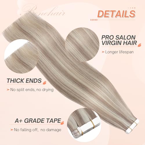 Benehair Tape in Human Hair Extensions, 18 inch Straight Invisible Tape Extensions Remy Blonde Hair Extensions 10pcs 20g Ash Brown Mix Bleach Blonde 18p613
