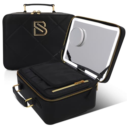 BAREZ Premium PU Leather Makeup Bag With LED Mirror - 3 Brightness Mirror Light Settings - Adjustable Dividers - Removable Mirror Waterproof Cosmetic Travel Bag (Black)